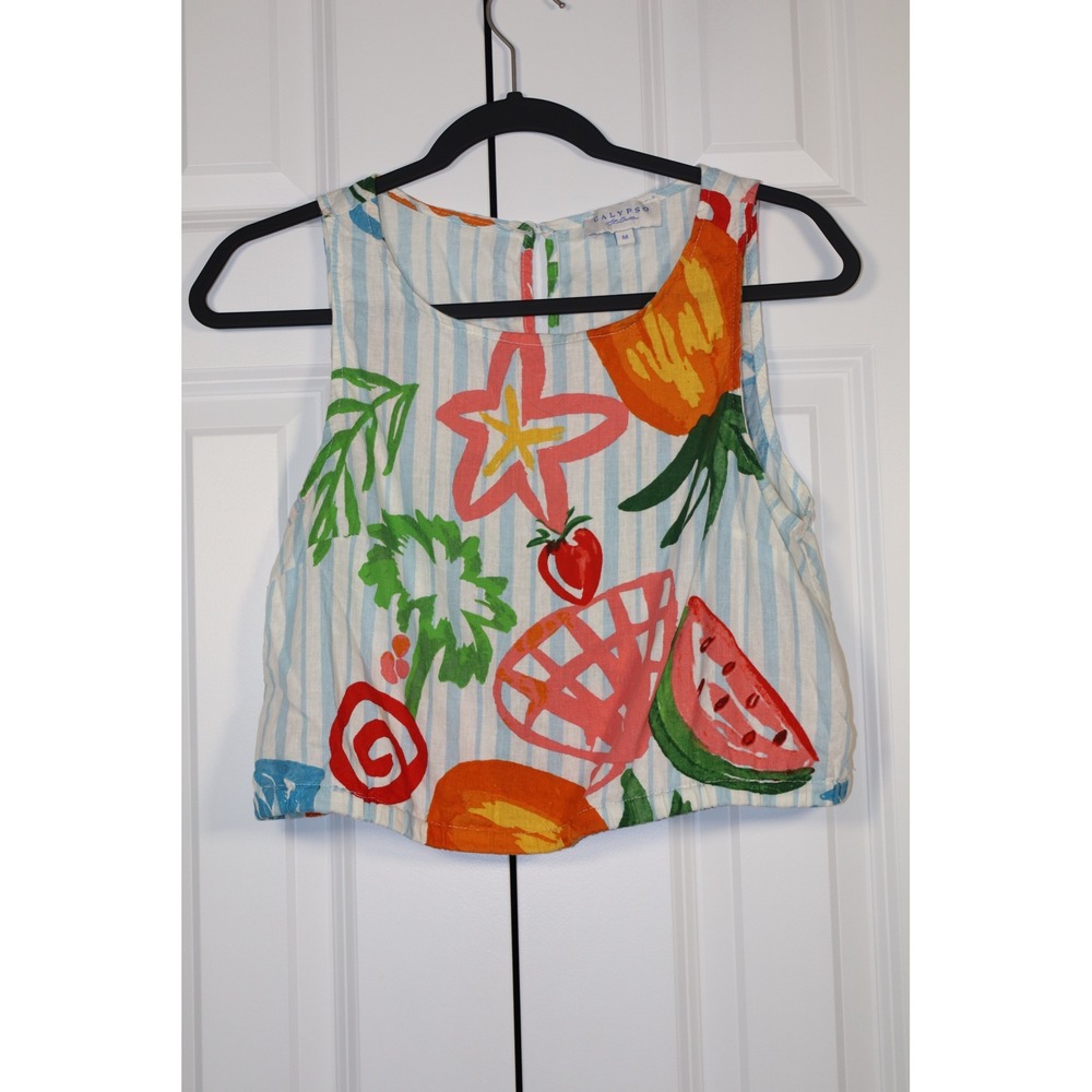 Calypso‎ St Barth Linen Blend Tropical Fruit Stripe Crop Top Womens Medium Blue
